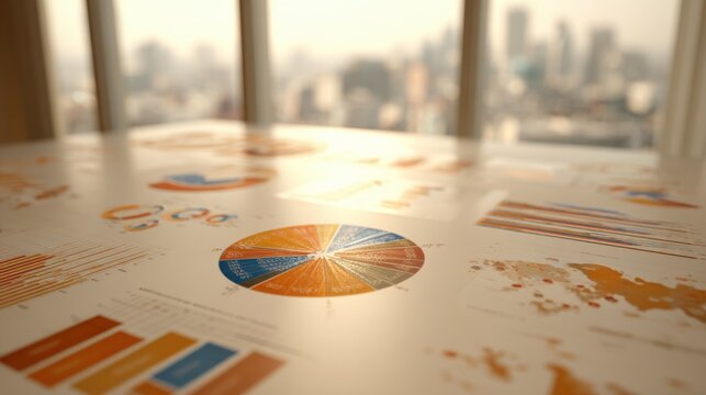 Financial charts and graphs laid out on a table with a cityscape background