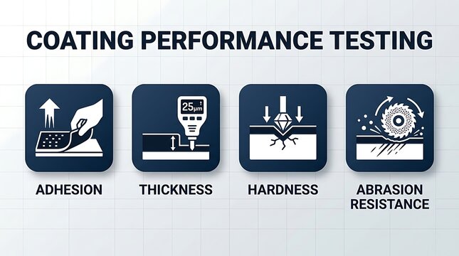 Industrial material coating durability and performance quality control test icons
