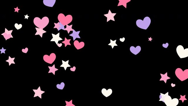 桃色と紫のハートと白い星形が大小混ざってゆっくり漂い回転する透過のシームレスループ映像