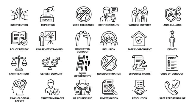 Equality diversity inclusion icons set, illustrating key principles of a fair and respectful workplace, useful for HR and policy documents.