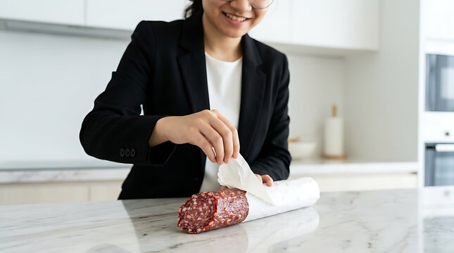 A woman in a blazer unwrapping a cured sausage on a marble kitchen counter