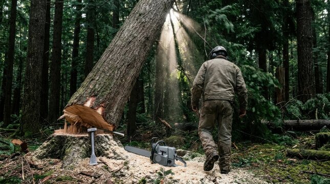 Forest logging worker felling tree with chainsaw in woods