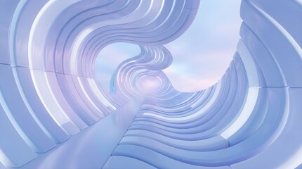 Fototapeta premium Abstract futuristic tunnel with wavy architectural structures and soft blue lighting, 3d render of a modern corridor leading to a bright glowing exit