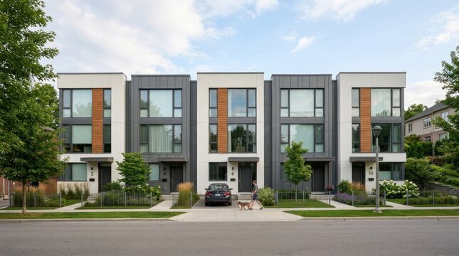 A modern, multi-story townhouse with glass windows and a black and white facade, situated on a street with green trees and a clear blue sky.