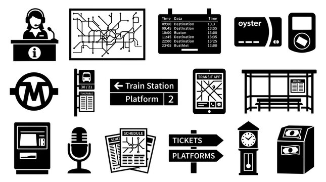 Public Transport Icons: Station, Map, Schedule, Ticket, App, Oyster Card, Black Glyph