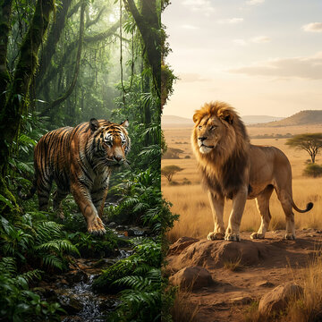 A split-screen composition contrasting a bengal tiger in a lush, dark green jungle and a male lion in a bright, open, golden african savanna