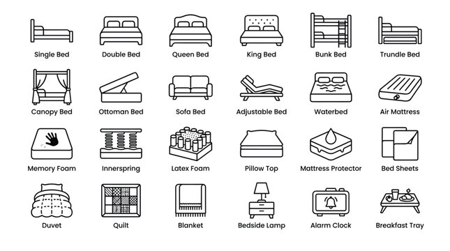 Variety of bed types and bedding accessories collection for comfortable sleep and bedroom furniture solutions.