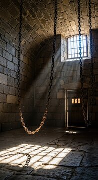 Ancient prison interior with heavy iron chains and stone walls illuminated by soft light through small bars while dust falls from the roof, spiritual, cracks, dust