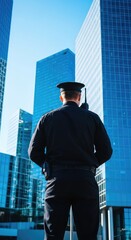 Fototapeta premium Back view of a professional uniform guarding a contemporary corporate complex with glass skyscrapers under a clear sky for safety concept, professional, city, security