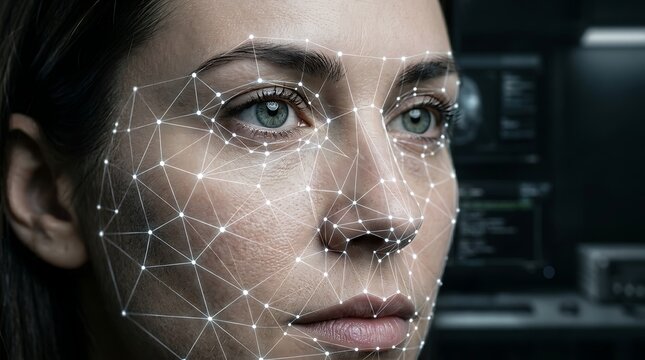 Woman face with digital facial recognition grid