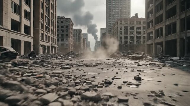 Devastated city street with ruined buildings and smoke rising from a war zone.