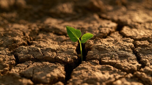 A small green plant growing through cracked dry earth.