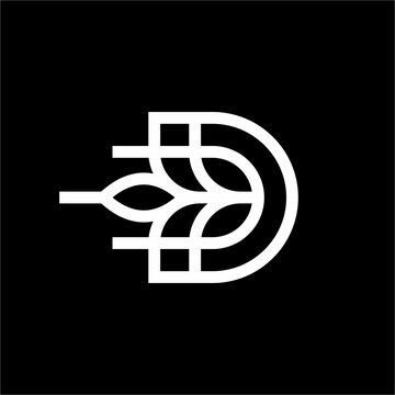 Modern futuristic wheat letter D monogram in clean monoline style. Ideal for organic farming, sustainable agriculture, bakery brands, or natural food enterprises.