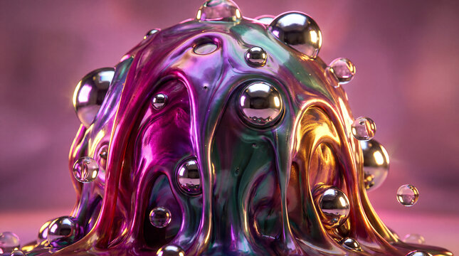 Close-up of an iridescent dripping metallic slime mound covered in reflective spheres with vibrant magenta, teal, and gold hues