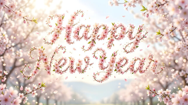 Happy New Year text made of beautiful pink cherry blossom flowers against a blurred floral spring garden background transparent background
