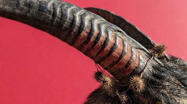 Mouflon Horn Closeup on Red Background with Copy Space