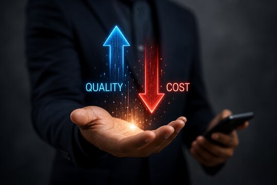 Businessman holding glowing digital holograms of increasing quality and decreasing cost arrows