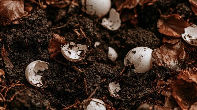 Eggshells Mixed Into Dark Organic Garden Soil Compost.