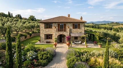 Obraz premium A picturesque Tuscan villa with a garden and olive trees in the background.
