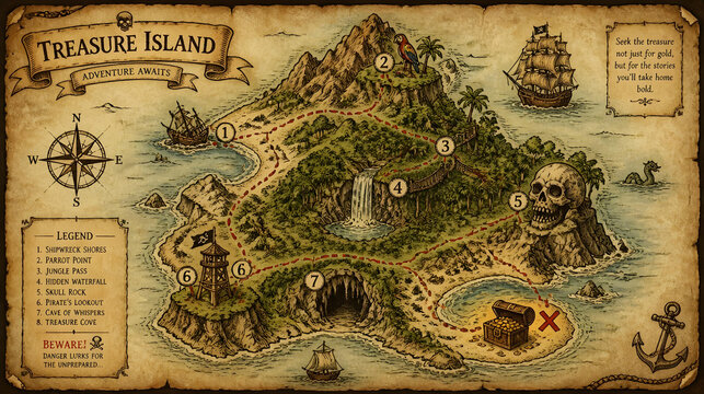 Vintage pirate treasure island adventure map with navigation path, compass rose, and chest