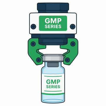 Robotic gripper holding GMP series pharmaceutical vial vector