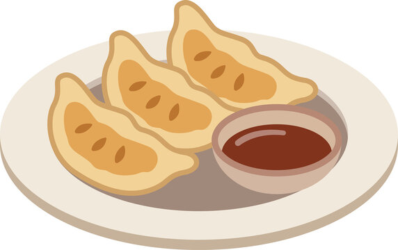 Japanese gyoza dumplings with dipping sauce vector illustration flat style pan fried potstickers asian cuisine appetizer for restaurant menu and food blog icon