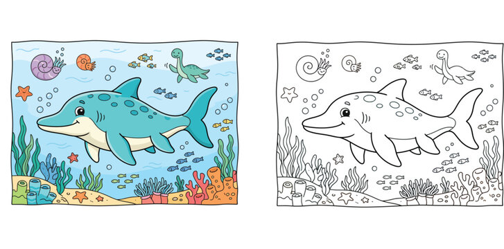 Cute Cartoon Prehistoric Marine Reptile Ichthyosaur in Ocean Scene Vector