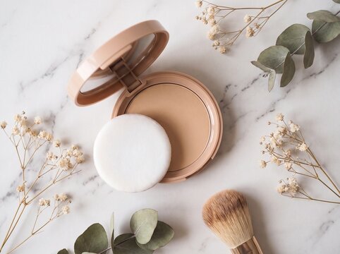 Open pressed powder compact with a mirror, puff, and makeup brush on white marble. Styled with eucalyptus and dried flowers for a natural look.