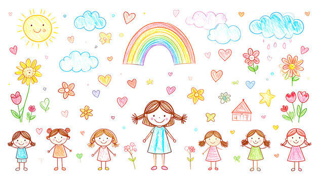 Bunte Kinderzeichnungen im Wachsmalstift-Stil mit Regenbogen, Kindern und Sternen