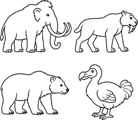 Prehistoric ice age animals mammoth and dodo line art set © Nguyen