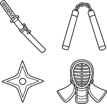 Traditional martial arts gear katana shuriken nunchaku line art