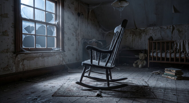 Photorealistic cobweb covered rocking chair in an abandoned dark nursery