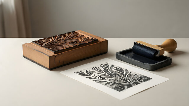 Linocut printmaking tools beside a fresh botanical print