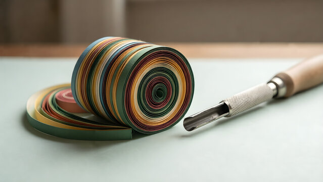 Paper quilling artwork formed from colorful curled strips