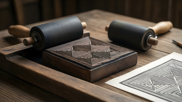 Traditional woodblock printmaking workspace with carved pattern