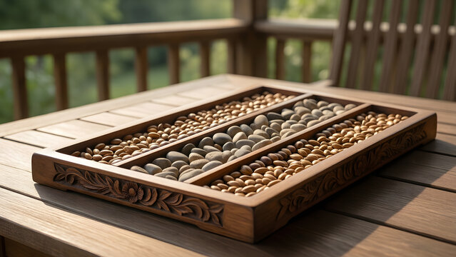 Wooden mancala board with smooth natural playing stones