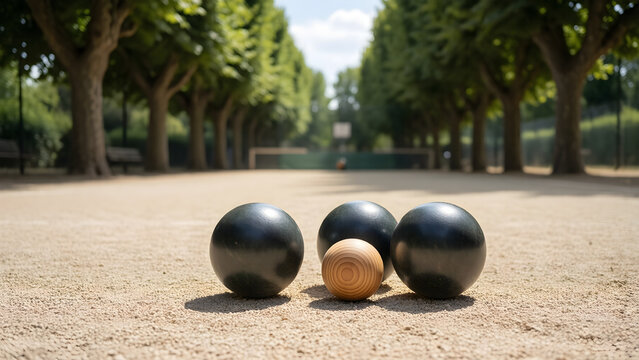 Petanque boules ready on a sunlit gravel court