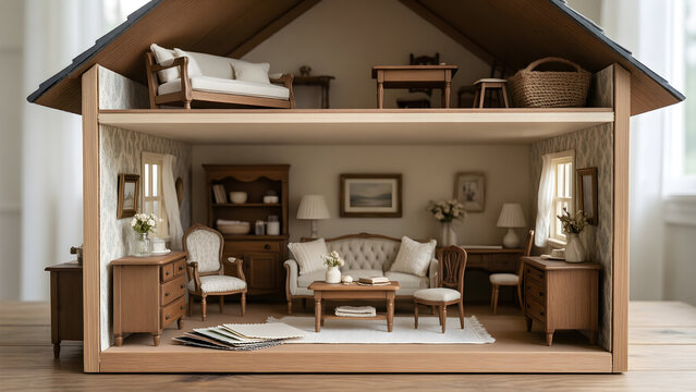 Dollhouse room styling with handcrafted miniature furniture