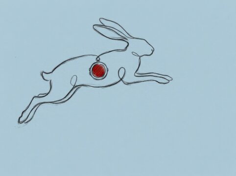 Graphite hare sketch on blue paper with red accent
