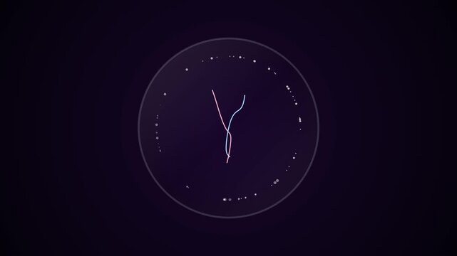 Abstract motion graphics of two intersecting neon lines in a dark circle