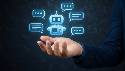 Obraz premium Hand holding holographic AI assistant interface with glowing robot icon and chat bubbles against a dark background.