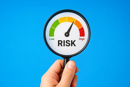 Person holding a magnifying glass over a risk meter gauge with low and high indicators