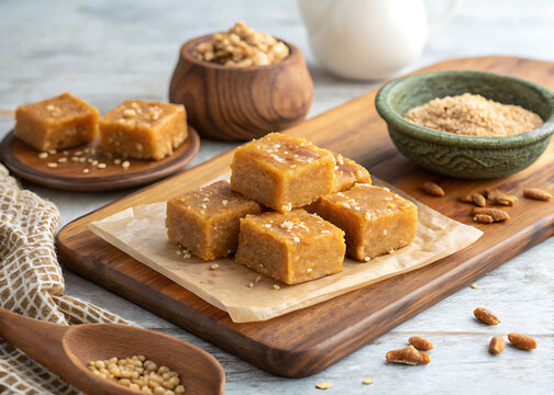 simple Gujarati jaggery and wheat flour sweet  rustic square pieces  glossy ghee finish  served on wooden board
