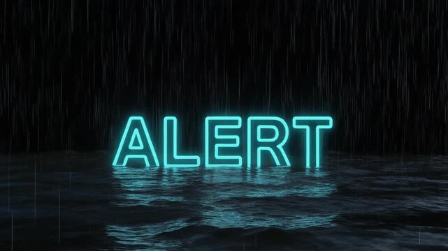 Neon Blue Alert Sign Glowing Over Dark Rainy Water Surface With Reflections Digital Motion Graphics Background