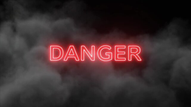 Red Neon Danger Text Sign Glowing Over Thick Rolling Fog Clouds on a Dark Black Background for Warning Alerts