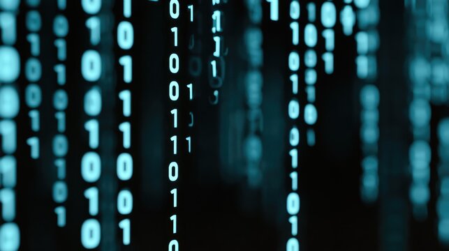 Abstract digital background with glowing blue binary code streaming down.