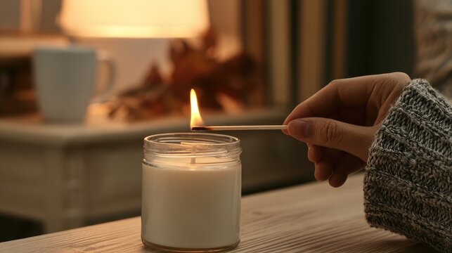 Person lighting a scented candle with a match at home.