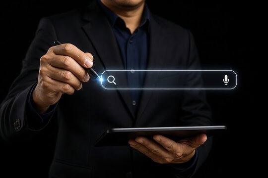 Businessman holding a tablet and using a stylus to interact with a virtual search bar icon