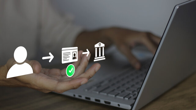 Payment and secure online banking transaction concept. Person using laptop to verify identity with user icon, ID card checkmark, arrow, and bank building icon for safe financial service