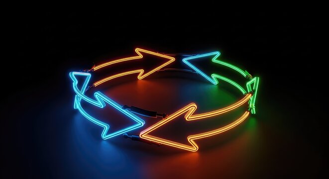 Glowing neon arrows in a circular motion form a continuous loop against a dark backdrop, signifying digital refresh, recycling, or reload, electric, vibrant, digital
